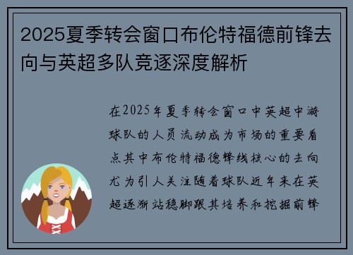 2025夏季转会窗口布伦特福德前锋去向与英超多队竞逐深度解析